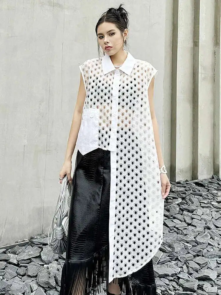 Women White Mesh Irreuglar Perspective Big Size Blouse New Lapel Sleeveless Shirt Fashion Tide Spring Summer 2025 1DH5527
