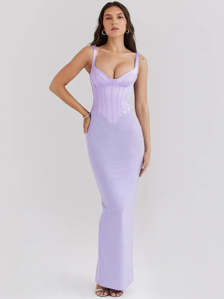 Sexy V-neck Fishbone Suspender Women Evening Dress Elegant Sleeveless Dress Slim Fit Backless Slit Female Vestido 2025