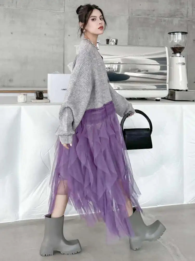 Women Black Big Size Knitting Mesh Irregular Sweater Dress New V-Neck Long Sleeve Fashion Spring Autumn 2025 1DH2366