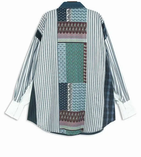 Women Blue Pattern Printed Denim Big Size Long Blouse New Lapel Long Sleeve Shirt Fashion Tide Spring Autumn 2025 1DH4876