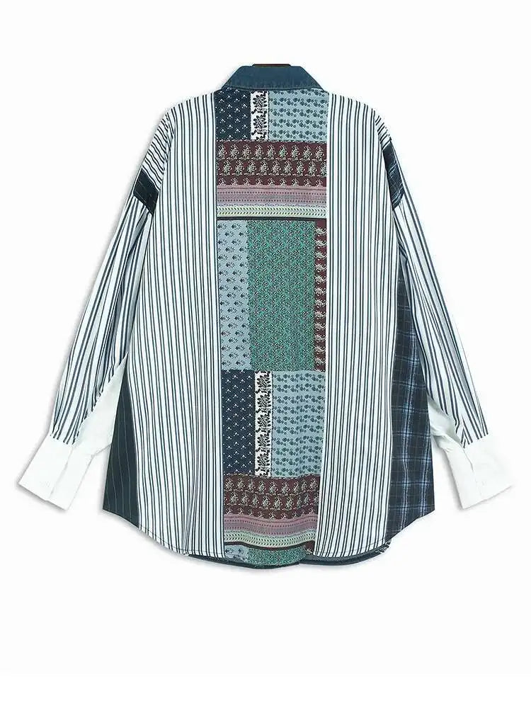 Women Blue Pattern Printed Denim Big Size Long Blouse New Lapel Long Sleeve Shirt Fashion Tide Spring Autumn 2025 1DH4876