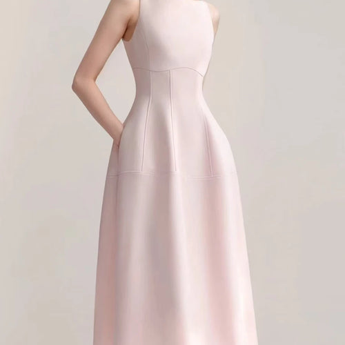 Load image into Gallery viewer, Solid Slimming Spliced Pockets Minimalist Dresses for Women Round Neck Sleeveless High Waist Elegant Dress Female
