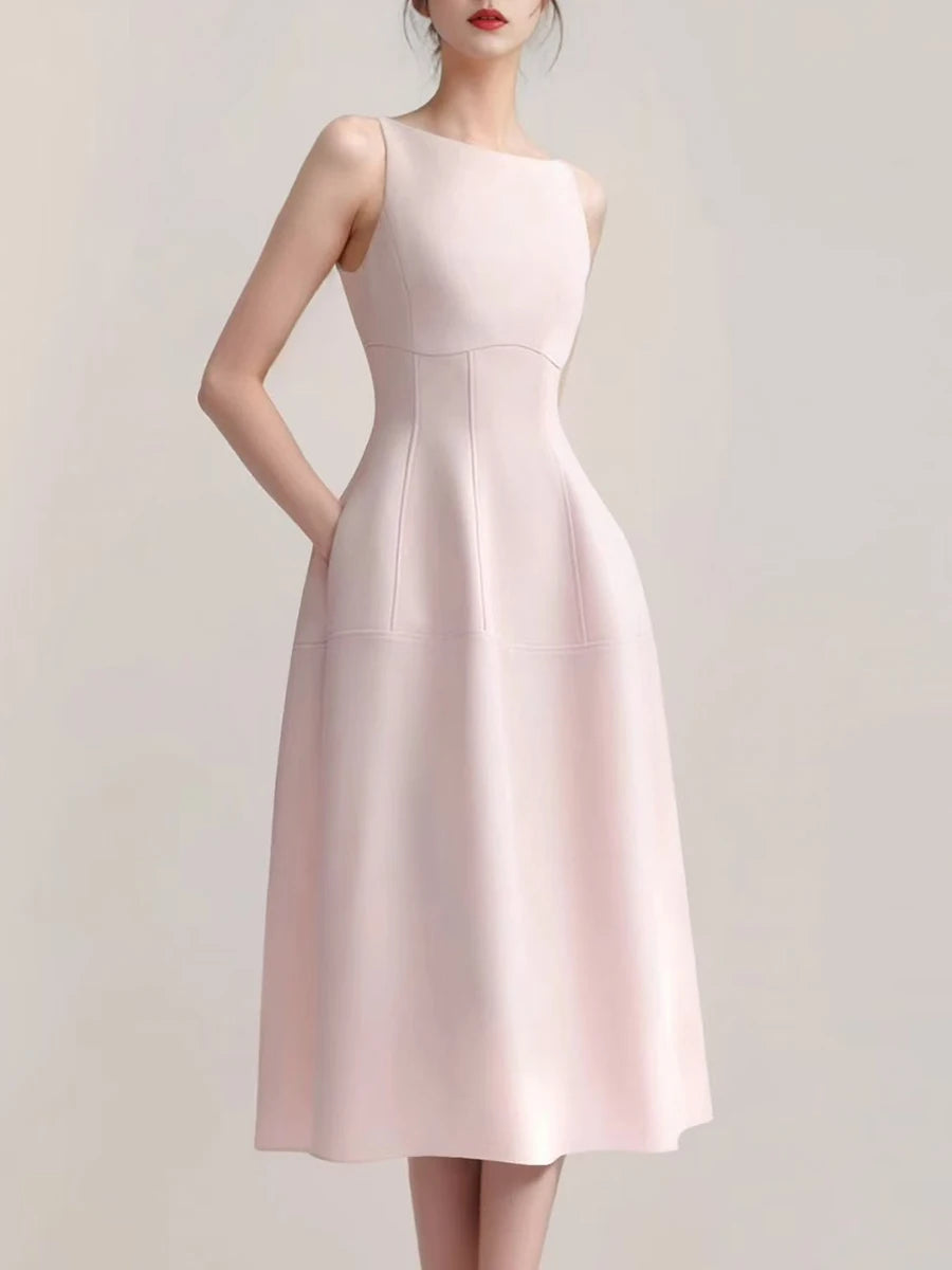 Solid Slimming Spliced Pockets Minimalist Dresses for Women Round Neck Sleeveless High Waist Elegant Dress Female