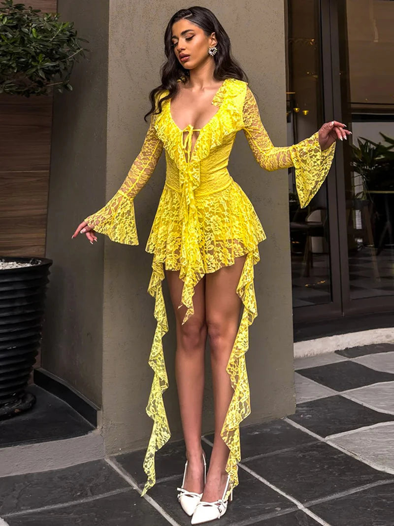 Lace Ruffled Sexy Mini Dress For Women Robe Deep V Neck Flare Long Sleeve Draped A-line Club Party Dress Vestido