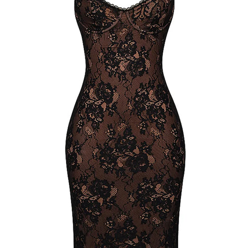 Load image into Gallery viewer, Lace Print Spaghetti Strap Sexy Midi Dress For Women Black Sleeveless Backless Bodycon Club Party Printed Long Dress
