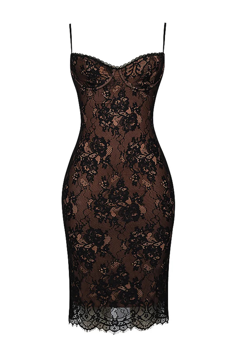 Lace Print Spaghetti Strap Sexy Midi Dress For Women Black Sleeveless Backless Bodycon Club Party Printed Long Dress