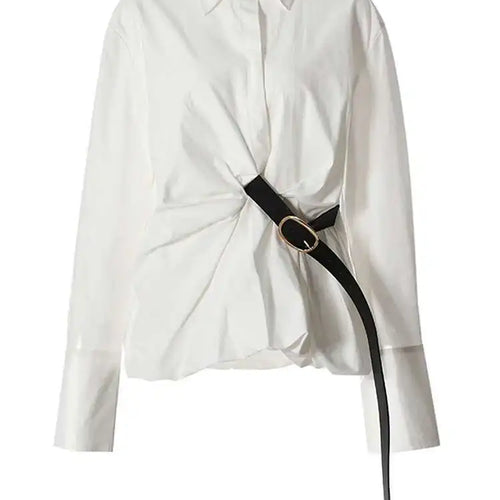 Load image into Gallery viewer, Women Pink Color Belted Irregular Big Size Bud Blouse New Lapel Long Sleeve Shirt Fashion Tide Spring Autumn 2025 7AB6480
