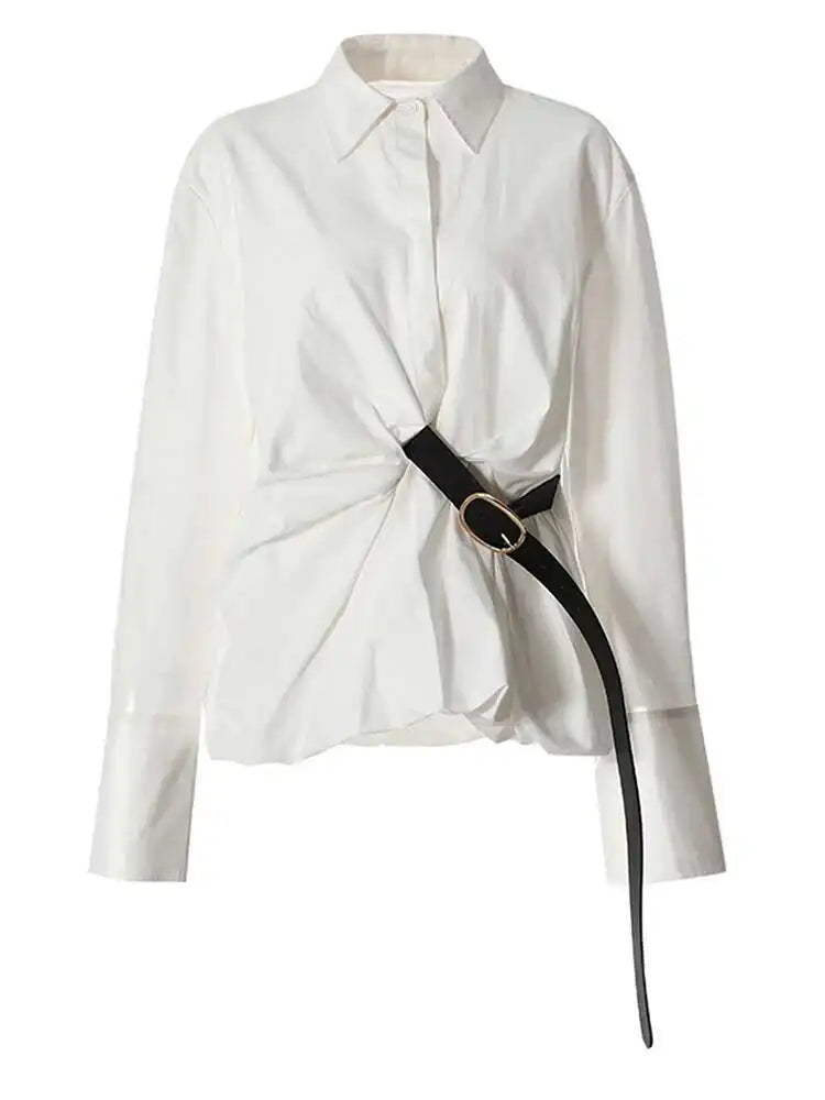 Women Pink Color Belted Irregular Big Size Bud Blouse New Lapel Long Sleeve Shirt Fashion Tide Spring Autumn 2025 7AB6480