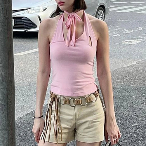 Load image into Gallery viewer, Backless Slim Pink Halter Camis Tops Basic Hollow Out Tie-Up Sweet Korean Summer Crop Top Female Streetwear Clothing
