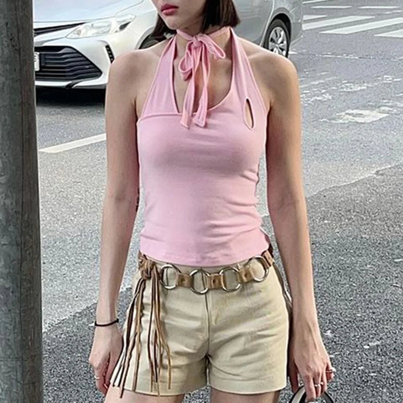 Backless Slim Pink Halter Camis Tops Basic Hollow Out Tie-Up Sweet Korean Summer Crop Top Female Streetwear Clothing