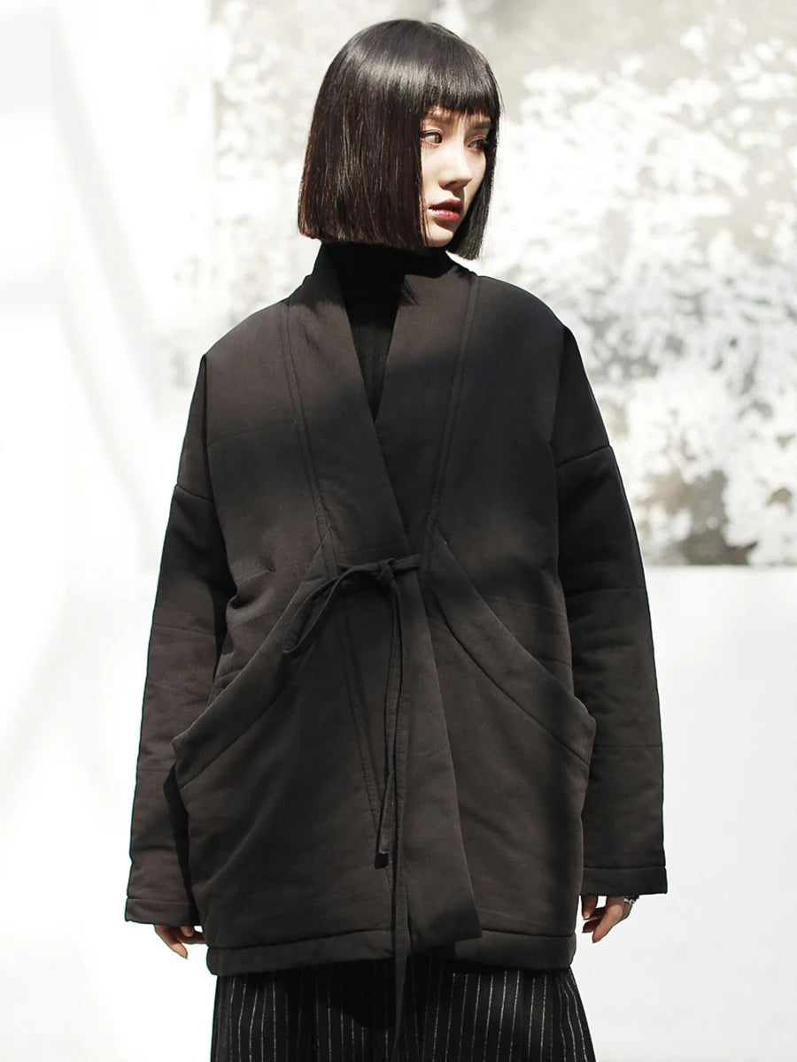 Women Bandage Cotton-padded Coat Big Size Warm New Autumn Winter V-collar Long Sleeve Black Loose Brief Fashion 2025 JK133