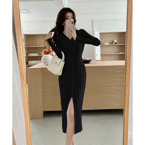 Load image into Gallery viewer, Autumn Winter French Black Long Sleeves Festival Knitted Dress Women's Elegant V Neck Single Breasted Wrap Hip Split Dress Trend
