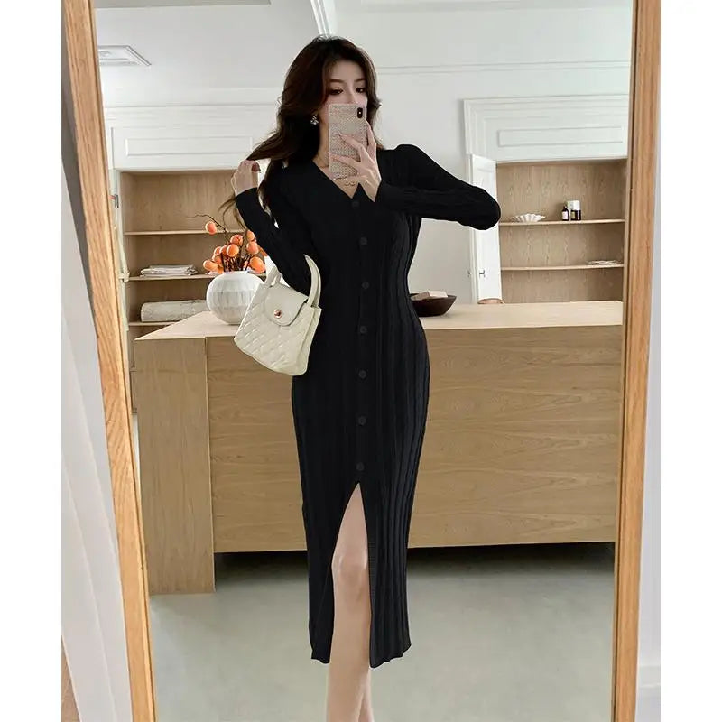 Autumn Winter French Black Long Sleeves Festival Knitted Dress Women's Elegant V Neck Single Breasted Wrap Hip Split Dress Trend