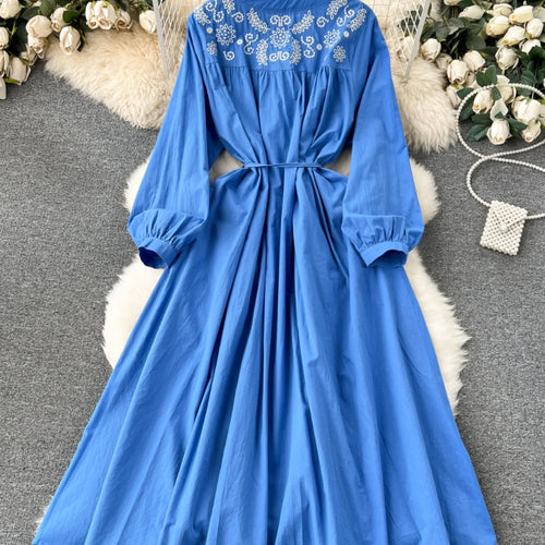 Load image into Gallery viewer, French Vintage Women Autumn Embroidery Elegant Long Sleeve Dress Ladies Round Neck Single Breasted Lace-up Party Dress Bohemian
