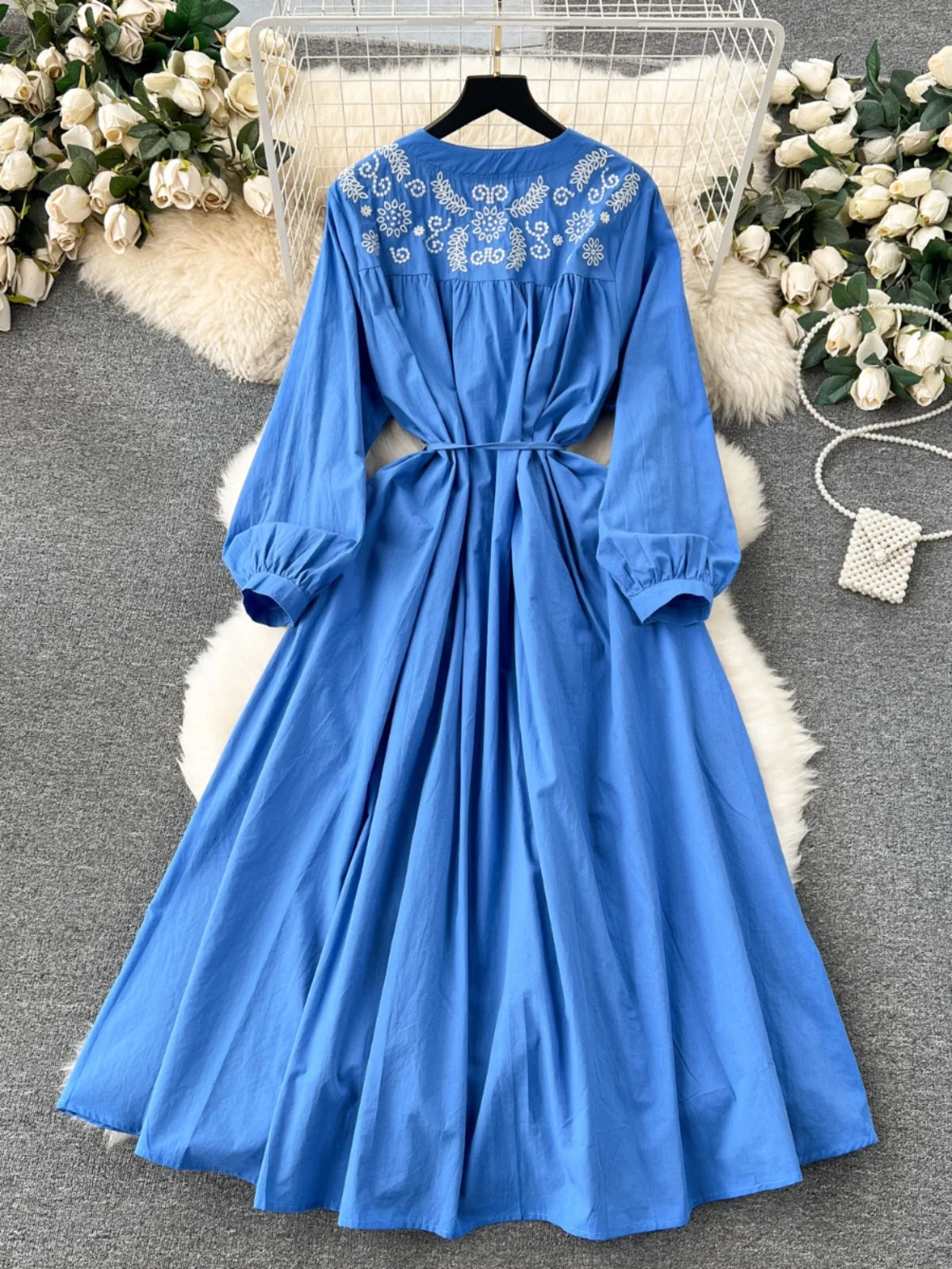 French Vintage Women Autumn Embroidery Elegant Long Sleeve Dress Ladies Round Neck Single Breasted Lace-up Party Dress Bohemian