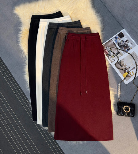 French Vintage Women Solid Drawstring Lace-up Knitted Long Skirt 2024 Autumn Winter Elegant High Waist Vacation Straight Skirts