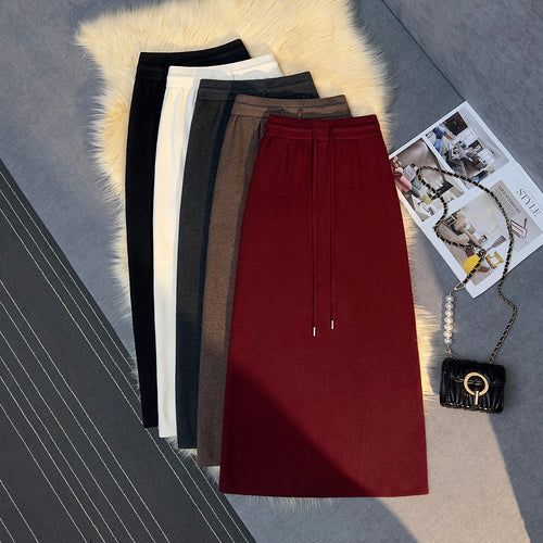 Load image into Gallery viewer, French Vintage Women Solid Drawstring Lace-up Knitted Long Skirt 2024 Autumn Winter Elegant High Waist Vacation Straight Skirts
