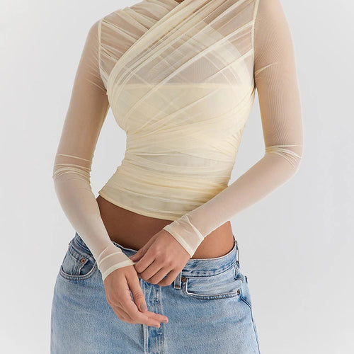 Load image into Gallery viewer, Sheer Mesh Long Sleeve Sexy T-shirt Women 2023 Autumn New V Neck Zipper Layered Skinny Club Party Sexy Tops
