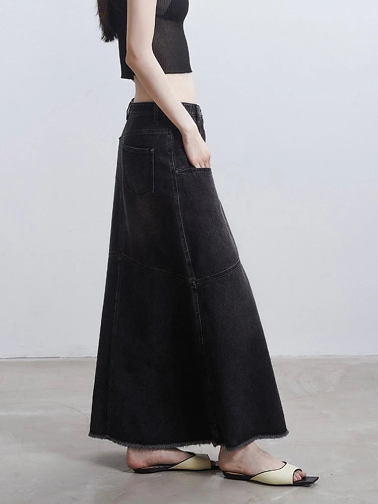 Korean Midi Skirt For Women High Waist A Line Patchwork Solid Long Skirts Female Summer Clothing Fashion