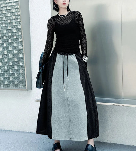 High Elastic Waist Black Denim Lace Color-block A-line Half-body Skirt Women Fashion Tide New Spring Autumn 2025 1DJ0847