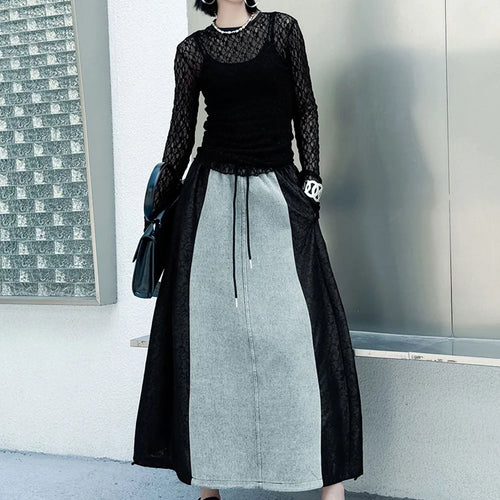 Load image into Gallery viewer, High Elastic Waist Black Denim Lace Color-block A-line Half-body Skirt Women Fashion Tide New Spring Autumn 2025 1DJ0847

