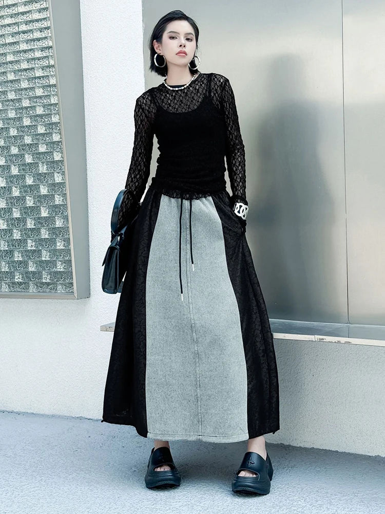 High Elastic Waist Black Denim Lace Color-block A-line Half-body Skirt Women Fashion Tide New Spring Autumn 2025 1DJ0847