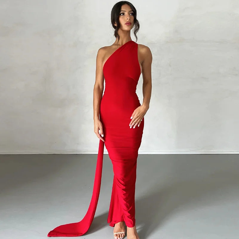 Oblique Shoulder Backless Maxi Dress For Women Gown Summer Back Strap Sleeveless Ruched Party Sexy Long Dress Vestidos