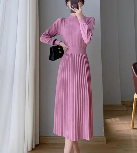 Autumn Lady Fashion Black Half High Collar Knit Long Dress White Temperament Long Sleeve Elegant Ladies Pink Evening Party Dress