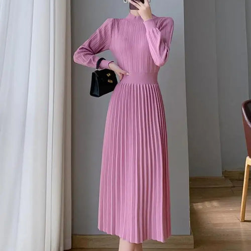 Load image into Gallery viewer, Autumn Lady Fashion Black Half High Collar Knit Long Dress White Temperament Long Sleeve Elegant Ladies Pink Evening Party Dress
