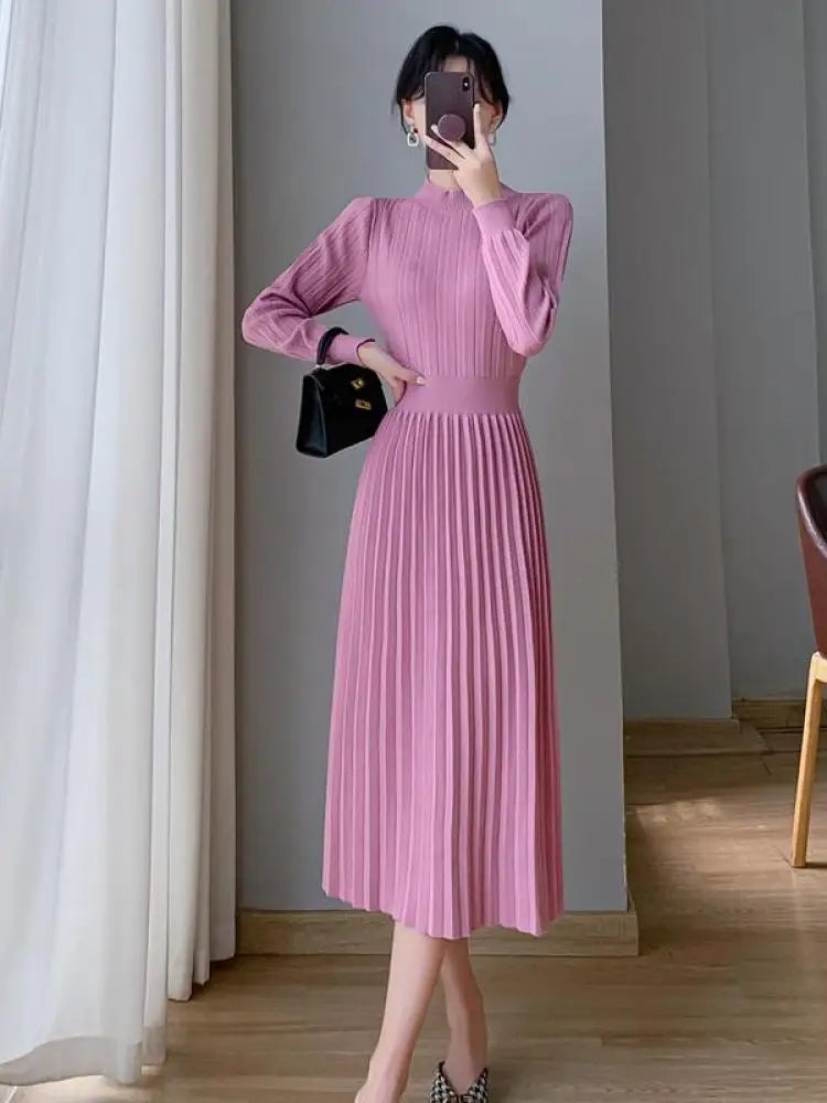 Autumn Lady Fashion Black Half High Collar Knit Long Dress White Temperament Long Sleeve Elegant Ladies Pink Evening Party Dress