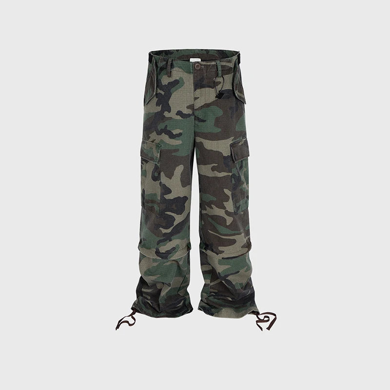 High Street Men's Casual Pants Camouflage Drawstring Detachable Big Pockets Cargo Trousers Straight Leg Male Bottom 9C9251