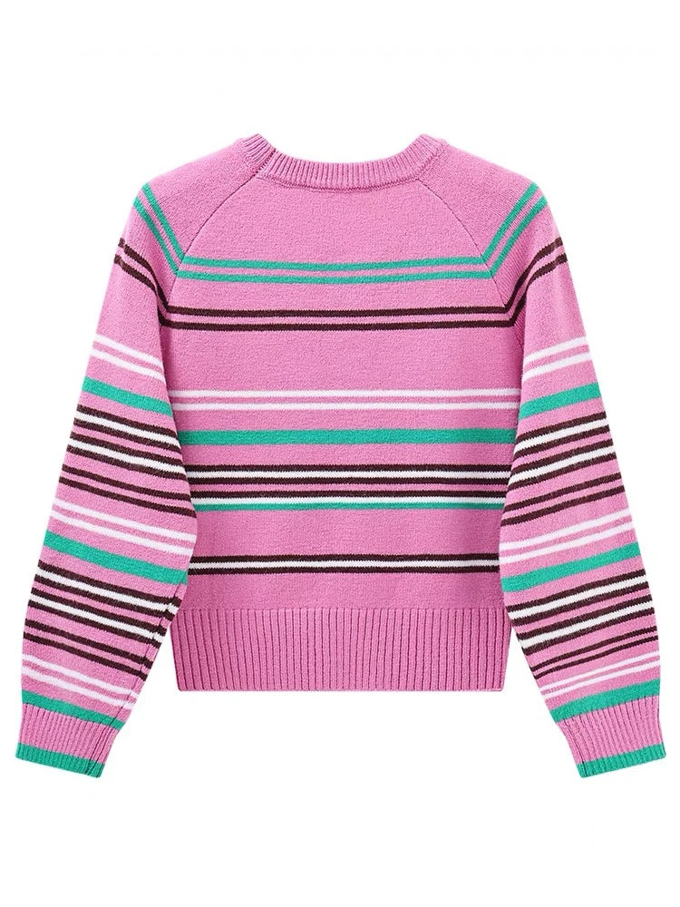 Kawaii Cartoon Girl Embroidery Knitted Pullover Sweater Women All Match Striped Sweater Jackets C-185