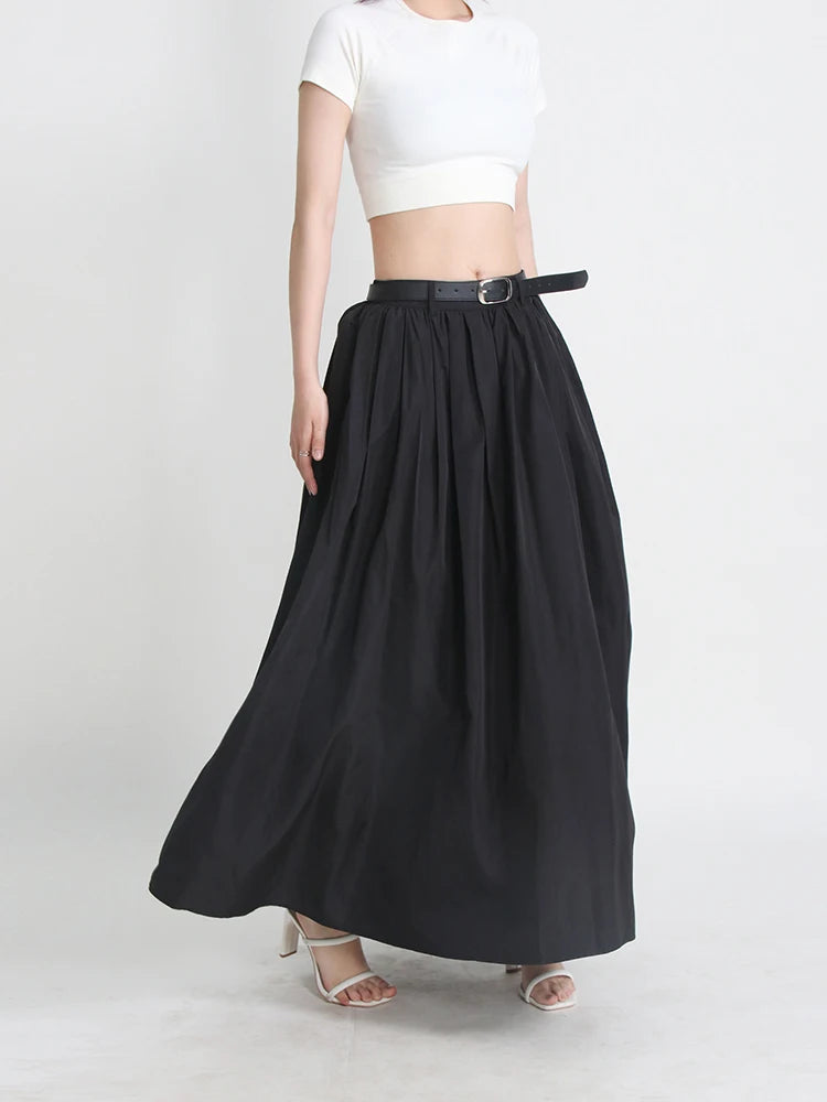 Pleated Skirts For Women High Waist Patchwork Belt A Line Elegant Temperament Skirt Female Fashion Clothing