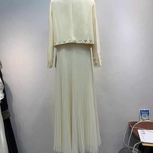 Load image into Gallery viewer, Two Piece Set For Women O Neck Long Sleeve Spliced Diamonds Coat Lace Up Sleeveless High Waist Dress Sets Female
