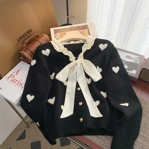 Load image into Gallery viewer, Winter Sweet Patchwork Heart Embroidery Knitting Sweaters Women Long Sleeved Bow Ruffles V-neck 2024 New Fashion Cardigan Tops
