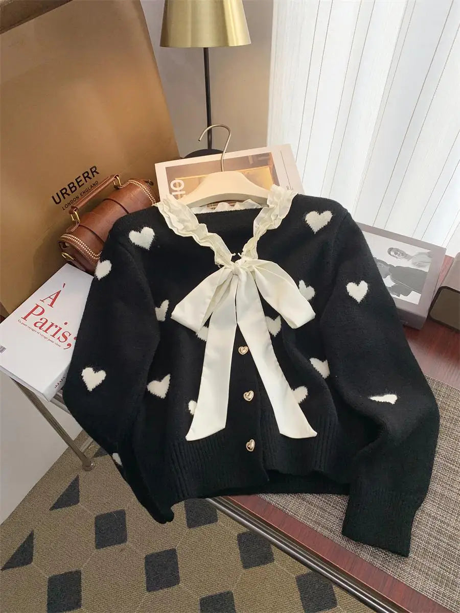 Winter Sweet Patchwork Heart Embroidery Knitting Sweaters Women Long Sleeved Bow Ruffles V-neck 2024 New Fashion Cardigan Tops