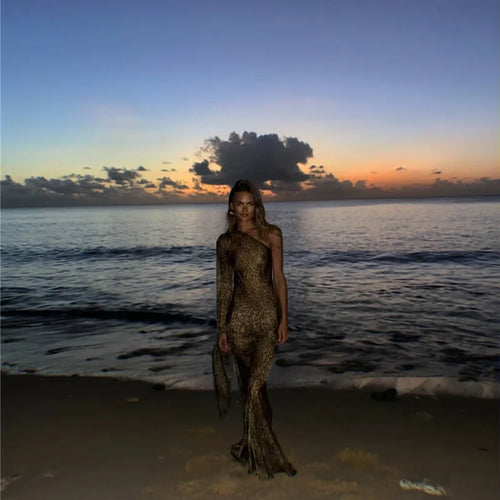 Load image into Gallery viewer, One Shoulder Leopard Print Maxi Dress Women Inclined Shoulder Backless Beach Holiday Vacation Club Sexy Long Dress
