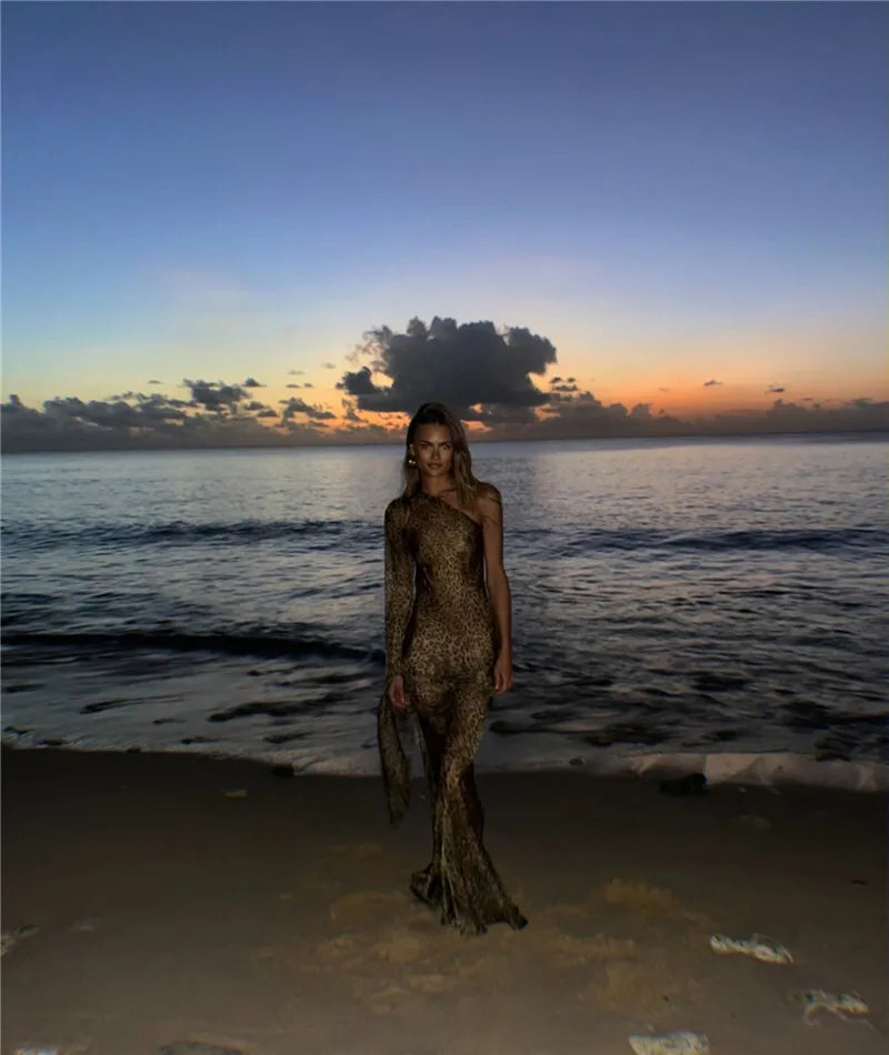 One Shoulder Leopard Print Maxi Dress Women Inclined Shoulder Backless Beach Holiday Vacation Club Sexy Long Dress