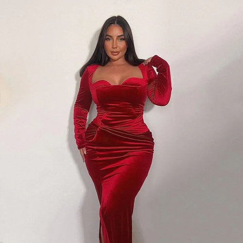 Load image into Gallery viewer, Velvet Long Sleeve Sexy Maxi Dress For Women Autumn Winter New Square Collar Thigh High Split Evening Club Party Dress
