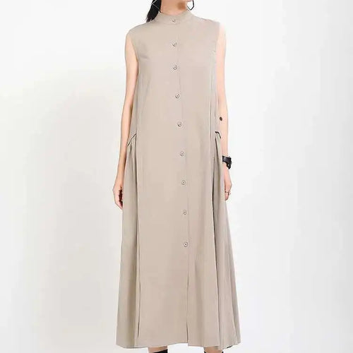 Load image into Gallery viewer, Women Khaki Split Pleated Long  Dress New Stand Collar Sleeveless Loose Fit Fashion Tide Spring Summer 2025 1Y353
