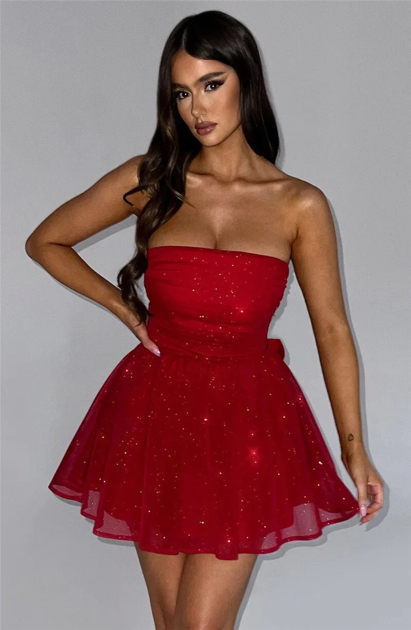 Mesh Strapless Sparkle Sexy Mini Dress For Women Fashion Backless Bow Pleated Dresses Femme Club Party Dress Elegant