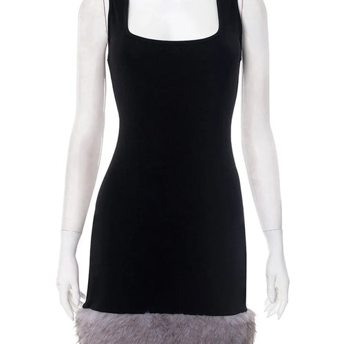 Load image into Gallery viewer, Patchwork Fur Hem Sexy Mini Dress Women Robe Fashion Black Summer New Sleeveless Backless Slim High Waist Sheath Dress
