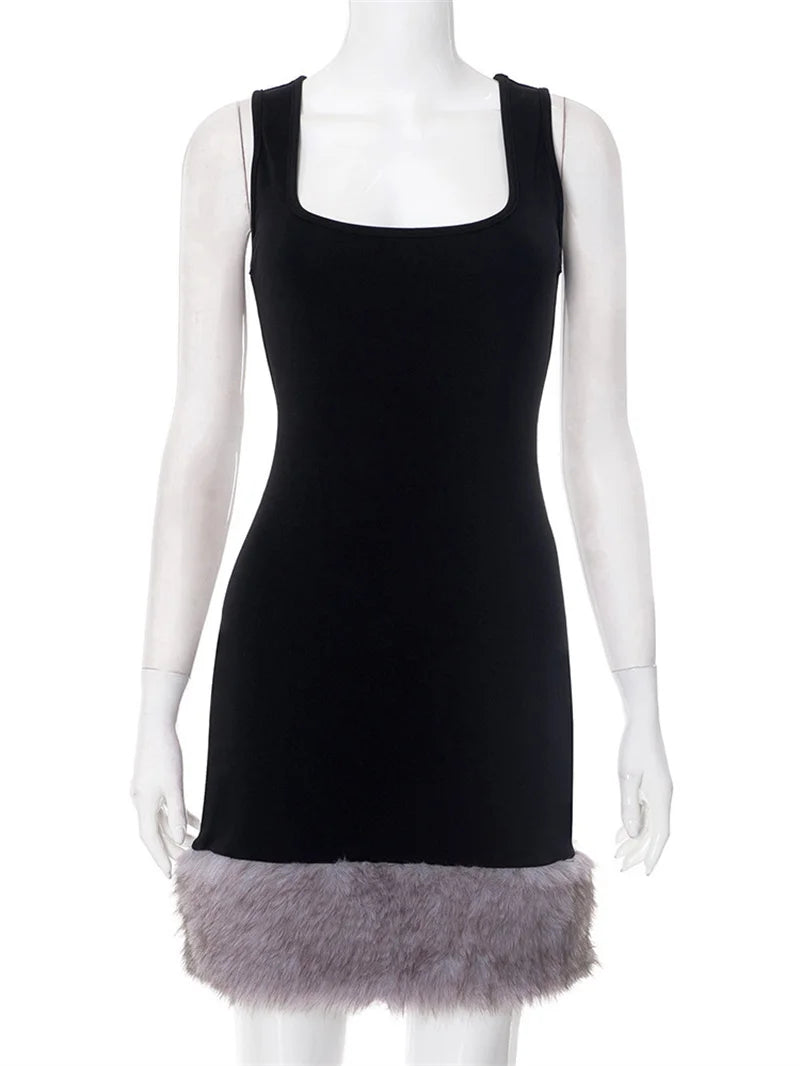 Patchwork Fur Hem Sexy Mini Dress Women Robe Fashion Black Summer New Sleeveless Backless Slim High Waist Sheath Dress