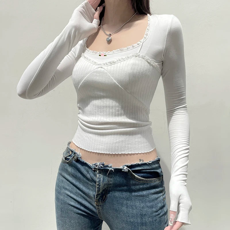 Hotsweet White Knit Women T-shirts Chic Lace Patched Korean Style Coquette Clothes Autumn Tee Top Slim Kawaii Shirts