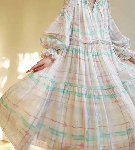 Hit Color Loose Casual Dresses For Women V Neck Long Sleeve High Waist Temperament Dress Female Fashion Style New