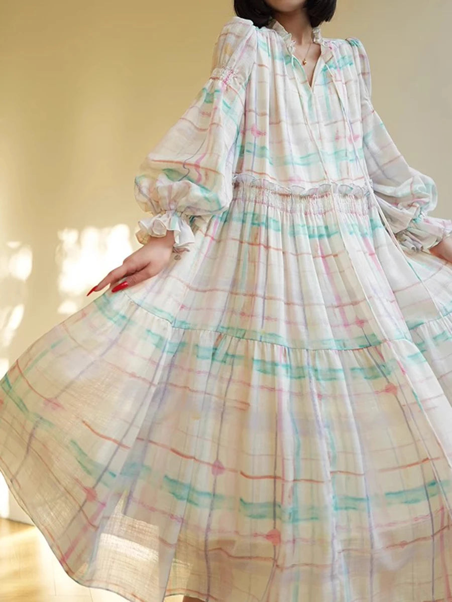 Hit Color Loose Casual Dresses For Women V Neck Long Sleeve High Waist Temperament Dress Female Fashion Style New