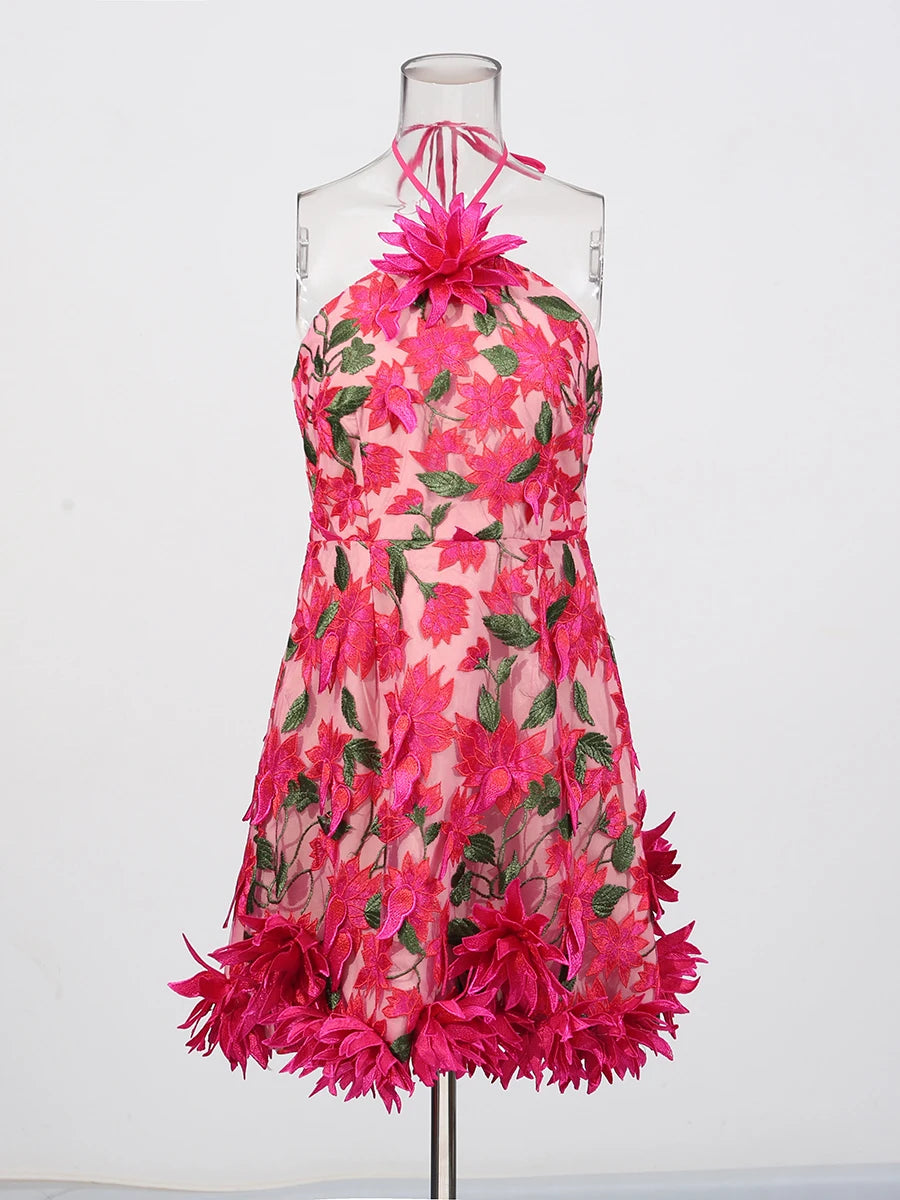 Slimming Spliced 3D Flower Mini Dresses for Women Halter Sleeveless High Waist Temperament Dress Female Fashion New