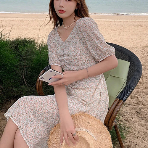 Load image into Gallery viewer, Elegant Pleated V-neck Floral Dress High Waist Chiffon Drawstring Women&#39;s Dresses Vintage Slim Chic Fashion Office Ladies
