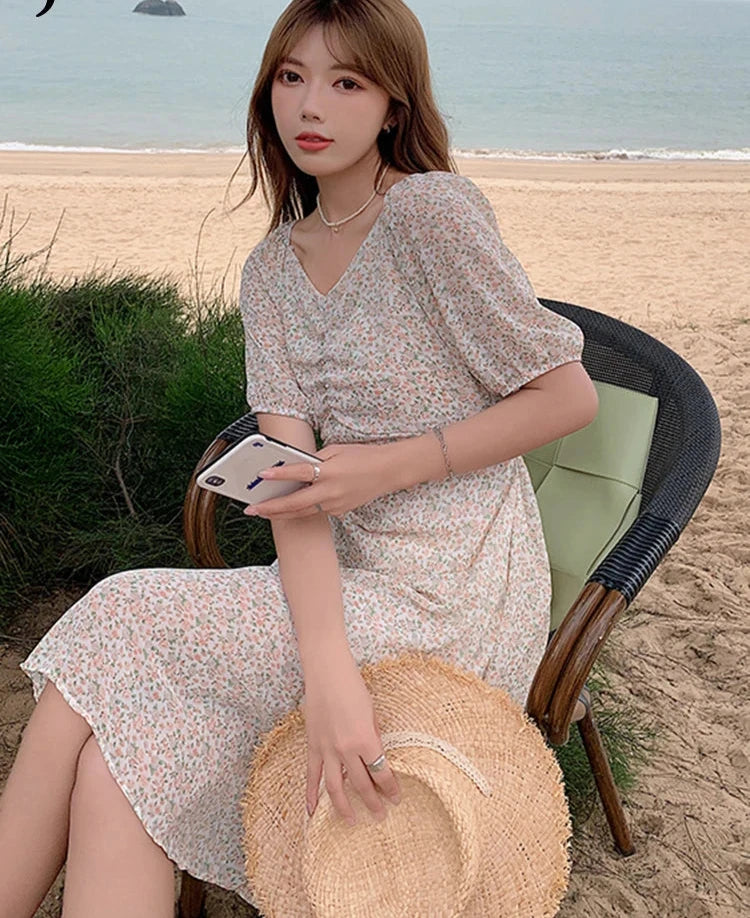 Elegant Pleated V-neck Floral Dress High Waist Chiffon Drawstring Women's Dresses Vintage Slim Chic Fashion Office Ladies