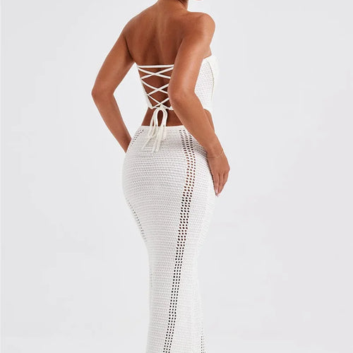 Load image into Gallery viewer, Elegant Knit Skirt Two Piece Sets Women Strapless Bandage Crop Tops And Maxi Skirt Femme Lace Up Sexy Ttwo Piece Sets
